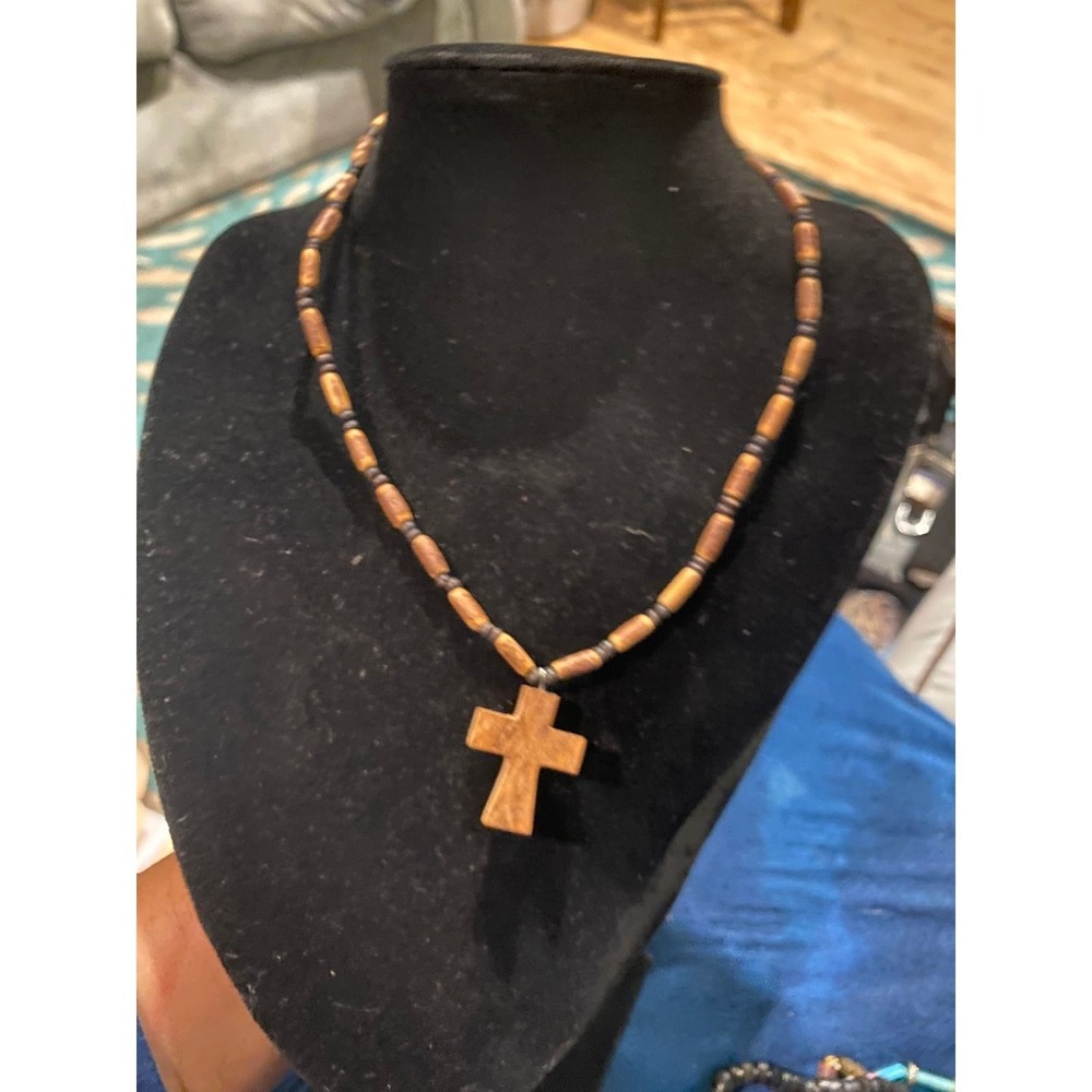 Handmade Wooden Cross Pendant Necklace Brown Wood Bead Religious Jewelry 20 Inch